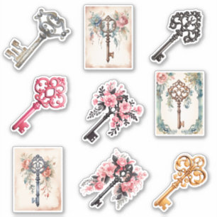 Sticker Collection de clés à l'aquarelle florale vintage