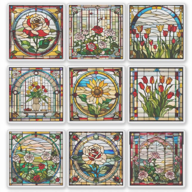 Sticker Collection de jardin de fleurs en faux vitrail (Devant)