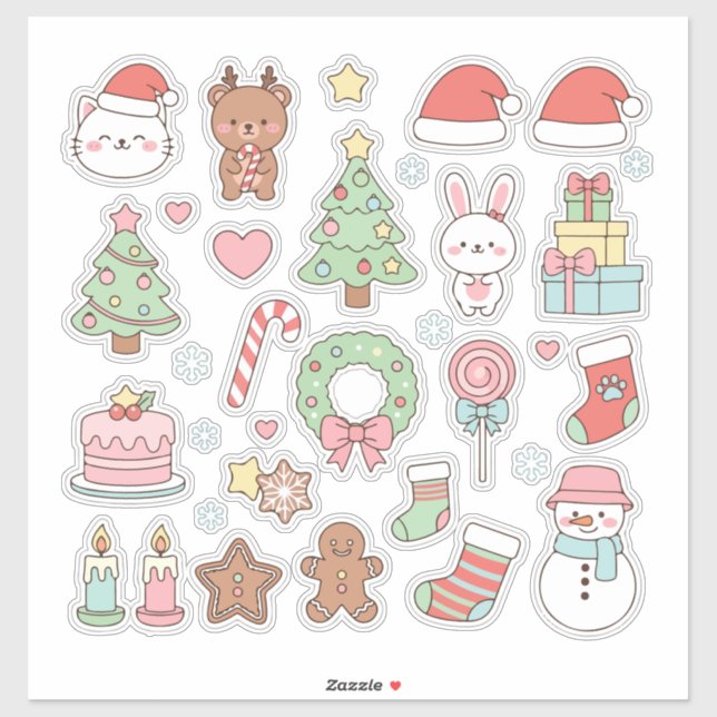 Sticker Collection Noël Mignon Kawaii : Animaux Pastel (Feuille)