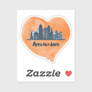 Sticker Coloré Amsterdam City Skyline Watercolor Heart P