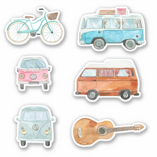 Sticker Coloré Retro Aquarelle Van Bicycle Guitare (Devant)