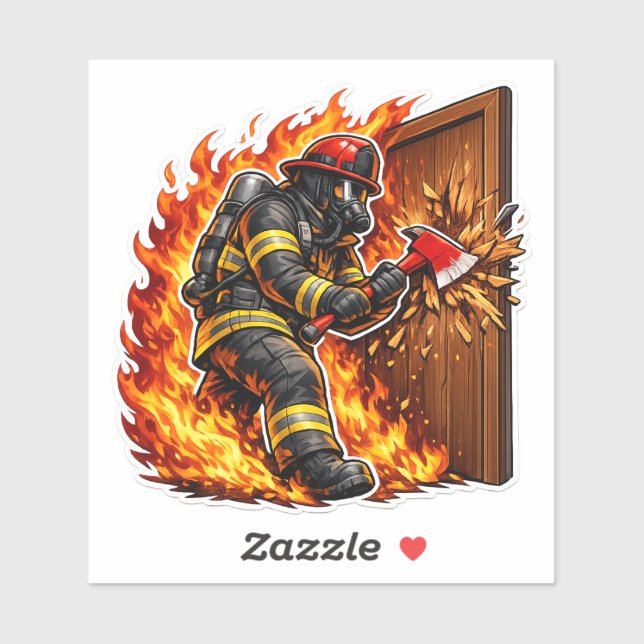 Sticker Conception de pompier cassant une porte (Feuille)