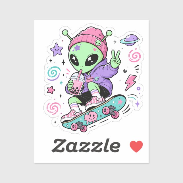 Sticker Conception de thé à bulles Alien Skater Kawaii (Feuille)