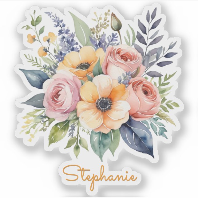 Sticker Conception Florale Fleurs Jolies Nom Personnalisé (Devant)