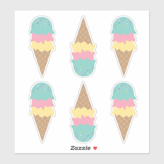 Sticker Cones de crème glacée rétro Vanille Turquoise Rose (Feuille)