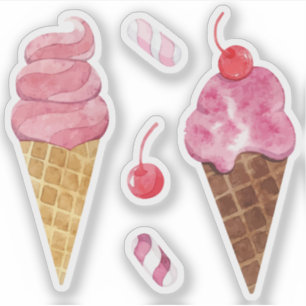 Sticker Cônes de glace arc-en-ciel aquarelle cerise