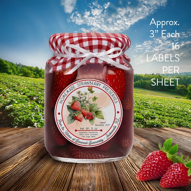 Sticker Conservation de confiture de fraises maison 3 en 1 (Homemade Strawberry Preserves Canning Vinyl Canning Labels -- 16 Kiss Cut 3" Stickers Per Sheet)