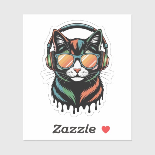 Sticker Cool Cat with Headphones and Sunglasses (Feuille)