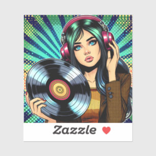 Sticker Cool Pop Art Comic Style Girl avec Album de Vinyl