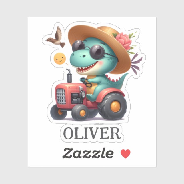 Sticker Cool Trex Dinosaur Farmer Conduisant un Tracteur R (Feuille)