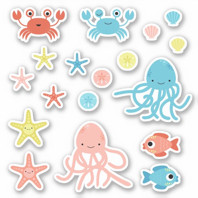 Sticker Corail mignon Jaune Bleu Océan Animaux (Devant)