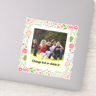 Sticker Corail rose et vert cadre floral avec photo