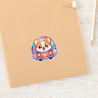 Sticker Corgi adorable en voiture rose arc-en-ciel et étin
