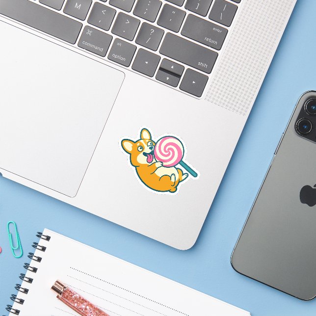 Sticker Corgi drôle avec un énorme lollipop (Ordinateur portable avec iPhone)