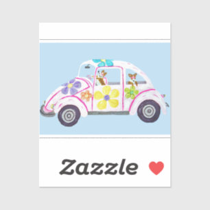 Sticker Corgis hippies dans leur voiture d'amour Flower Ch