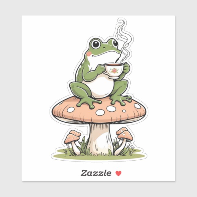 Sticker Cosy Frog Boire Thé sur Tabouret de Toadstool Stic (Feuille)