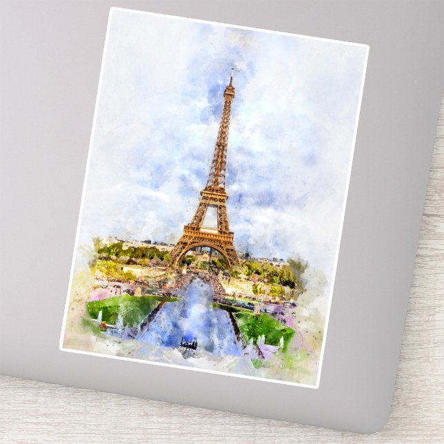 Sticker Coucher de soleil Tour Eiffel Paris Aquarelle fran (Sunset Eiffel Tower Paris French Watercolor. Sticker)