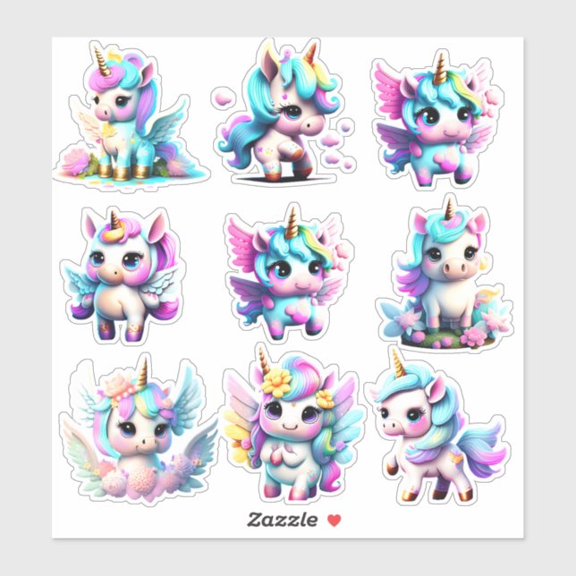 Sticker Couleur arc-en-ciel unicorne bébé mignonne (Feuille)