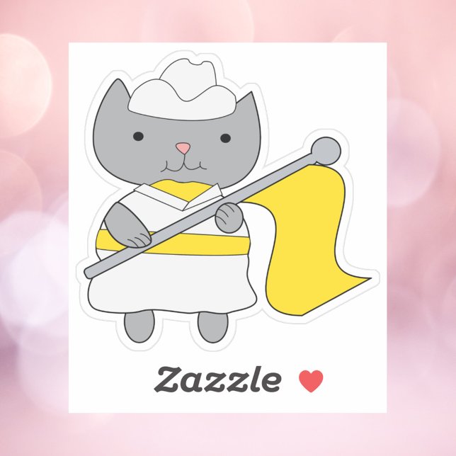 Sticker Couleur Garde Drapeau Équipe Chat Blanc Jaune (A sticker of a gray cat wearing a yellow and white flag team uniform.)