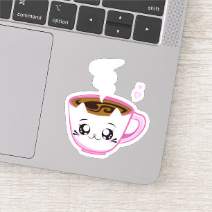 Sticker Coupe Kawaii kitty rose de café