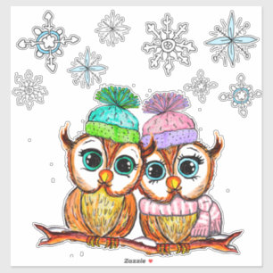 Sticker Couple de Chouette et flocons de neige