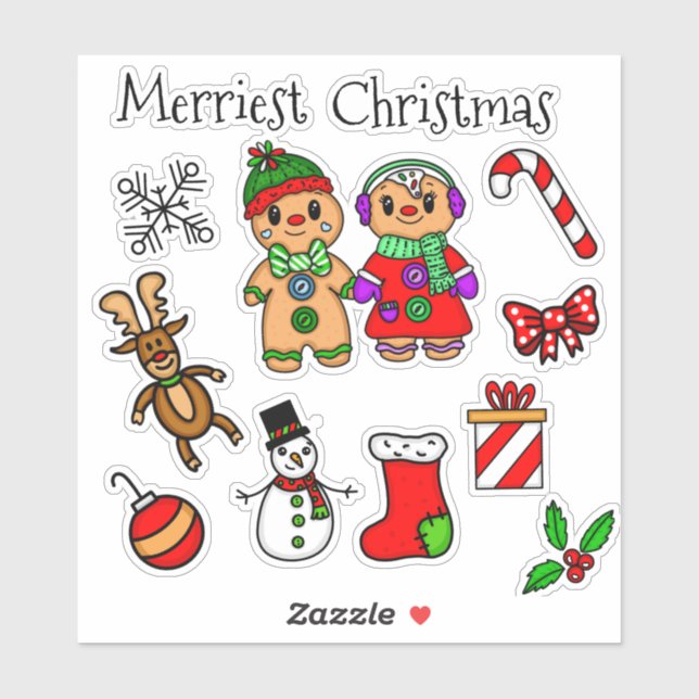 Sticker Couple de pain d'épices mignonne et autres Noël (Feuille)