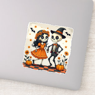 Sticker Couple de squelette d'Halloween mignon en orange