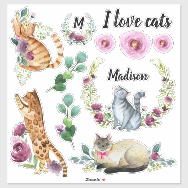 Sticker Couronne de chats mignons avec monogramme et nom (Feuille)