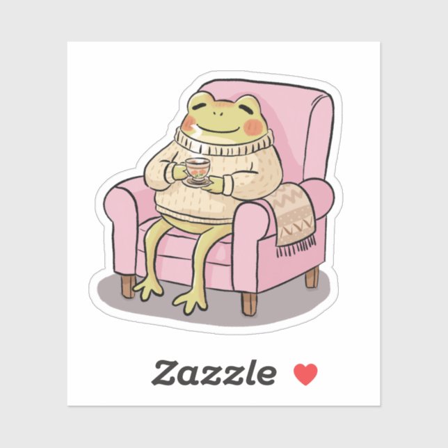 Sticker Cozy Frog Drinking Tea On Sofa Illustration (Feuille)
