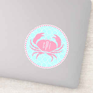 Sticker Crabe de Quatrefoil de Monogramme Rose bleu Preppy