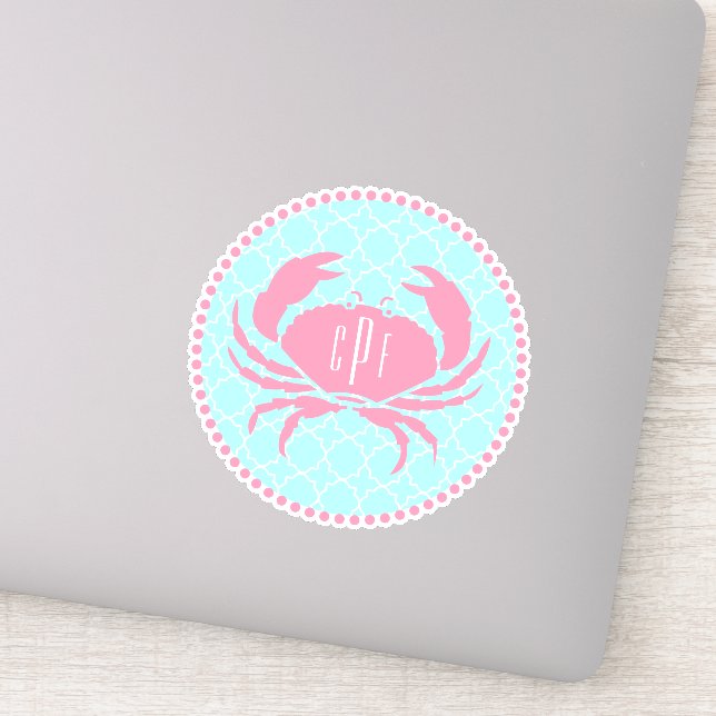 Sticker Crabe de Quatrefoil de Monogramme Rose bleu Preppy (Détail)