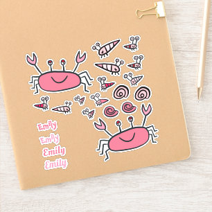 Sticker Crabe rose mignon Animaux de la mer Nom de la fill