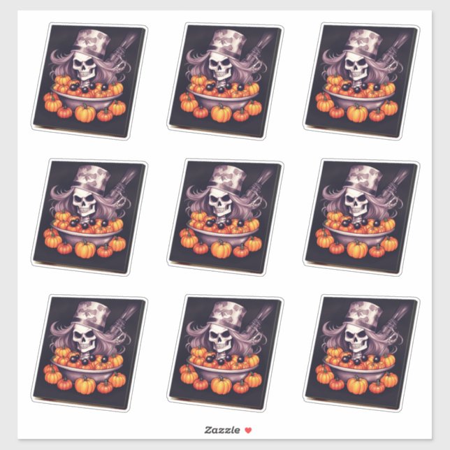 Sticker Crâne dans un bol citrouille cheveux gris long (Feuille)
