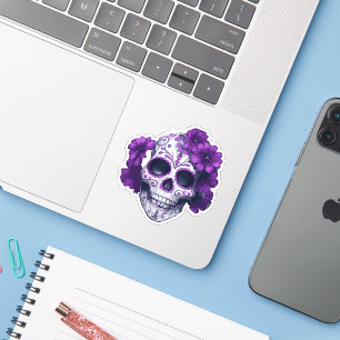 Sticker Crâne de sucre noir floral violet Jour des morts