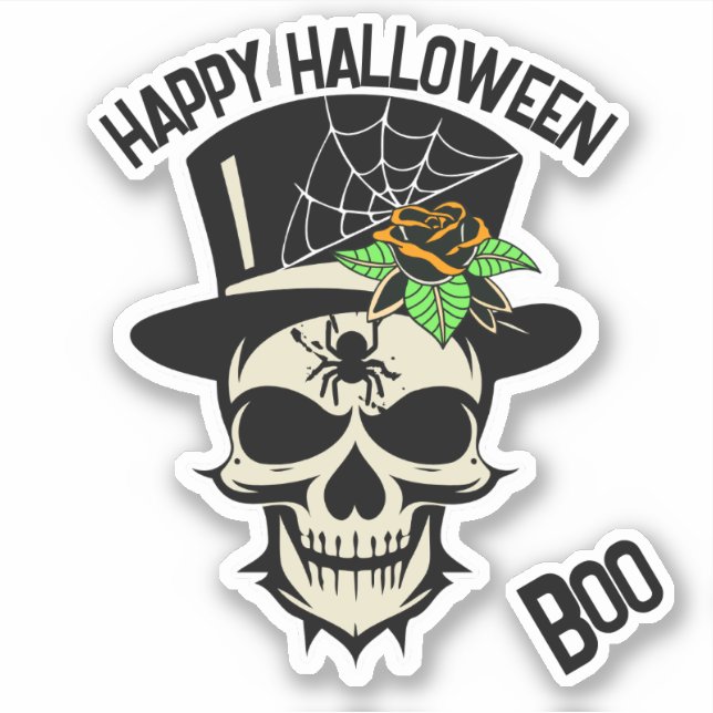 Sticker Crâne effrayant en haut chapeau avec araignée et R (Devant)