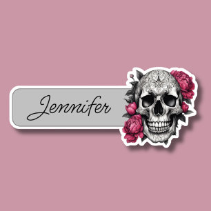 Sticker Crâne gothique avec ID de pivoines roses