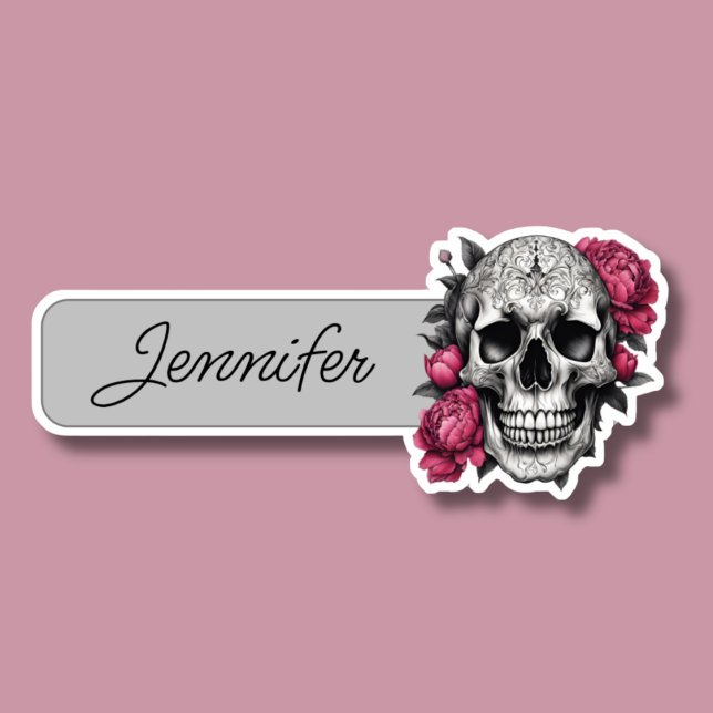Sticker Crâne gothique avec ID de pivoines roses (Créateur téléchargé)