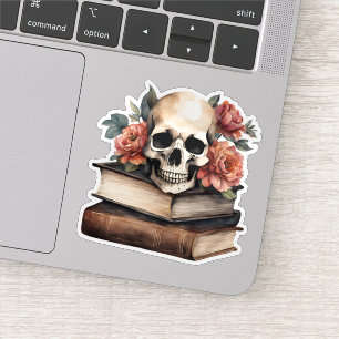 Sticker Crâne gothique avec livres et fleurs étanche
