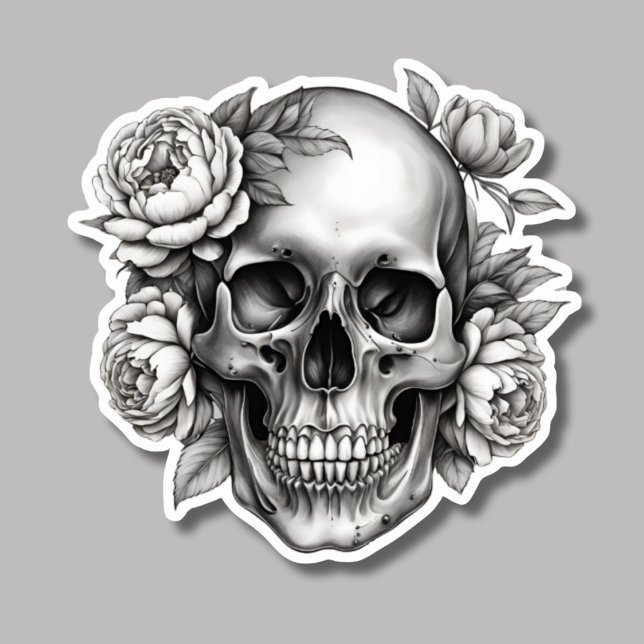 Sticker Crâne gothique avec pivoines imperméable (Créateur téléchargé)