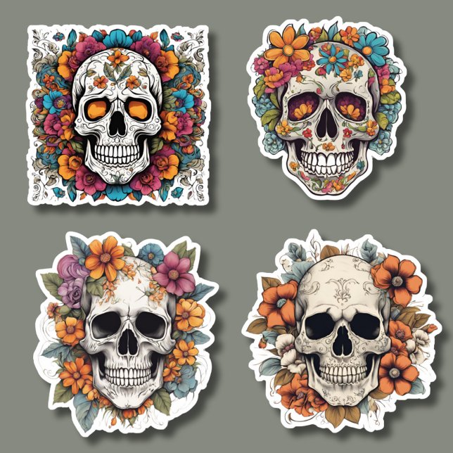 Sticker Crânes gothiques avec ensemble de fleurs (Créateur téléchargé)