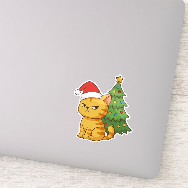 Sticker Cranky Orange Tabby Cat Red Hat Christmas Tree (Détail)