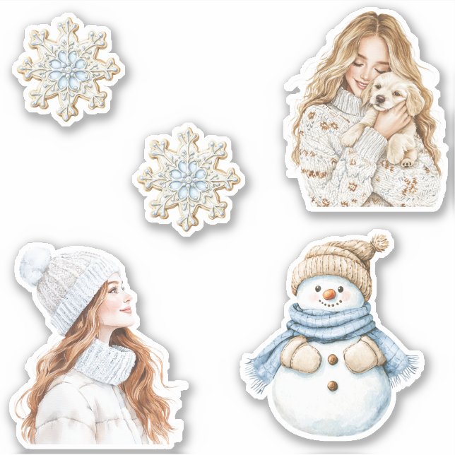 Sticker Cream Snowflakes Blue Christmas Girl Snowman Dog (Devant)