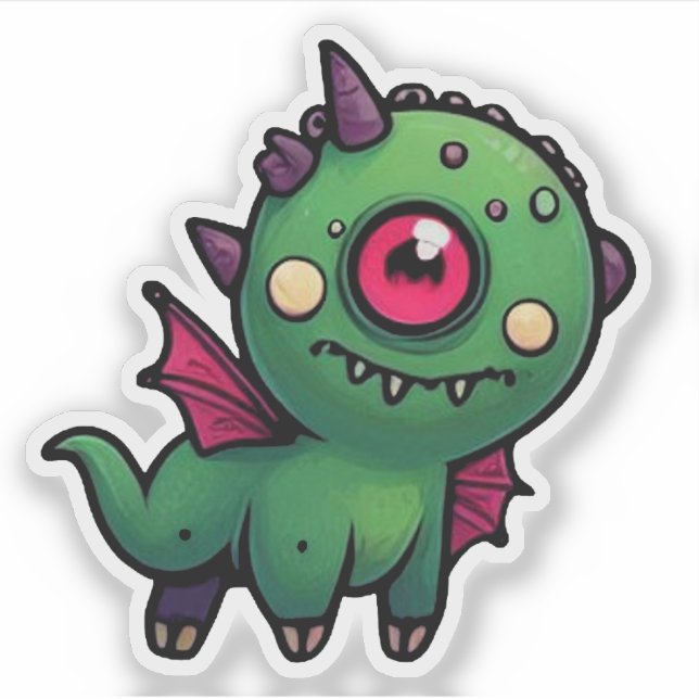 Sticker Créature Cyclope Verte Mignonne - Bête Dragon Kawa (Devant)