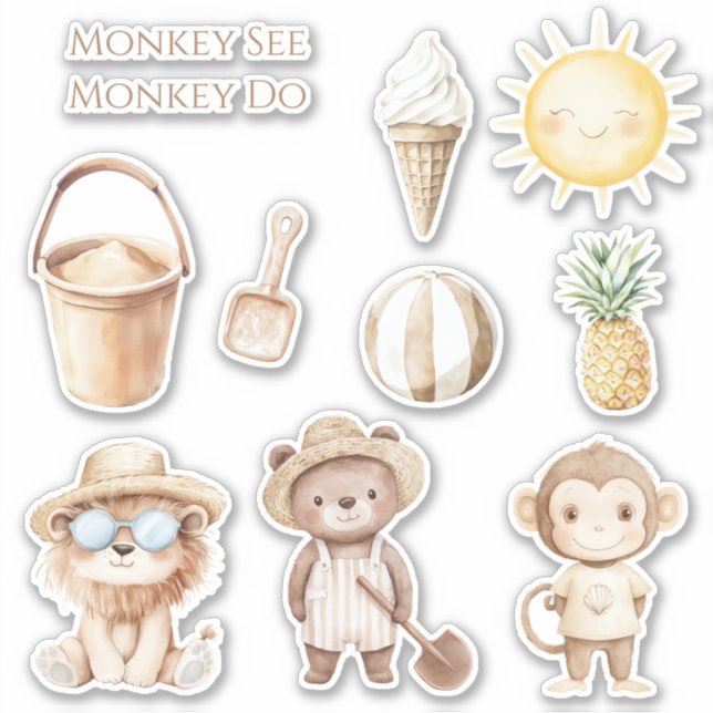 Sticker Crème Brun Singe Voir Singe Faire  (Devant)