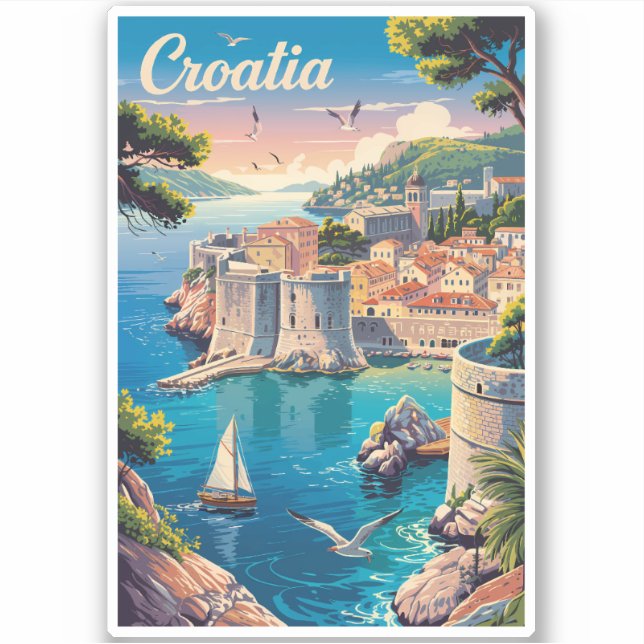 Sticker Croatia Dubrovnik Illustration Travel Art Vintage (Devant)