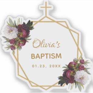 Sticker Croix dorée de baptême fille Pivoines bordeaux flo