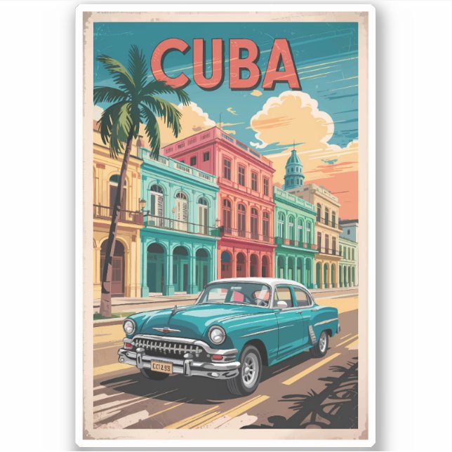 Sticker Cuba Classic Car Illustration Travel Art Vintage (Devant)