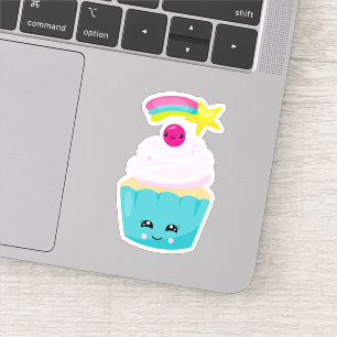 Sticker Cupcake bleu mignon avec visage Kawaii