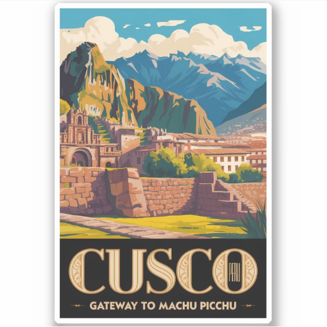 Sticker Cusco Pérou Illustration Art de Voyage Vintage (Devant)