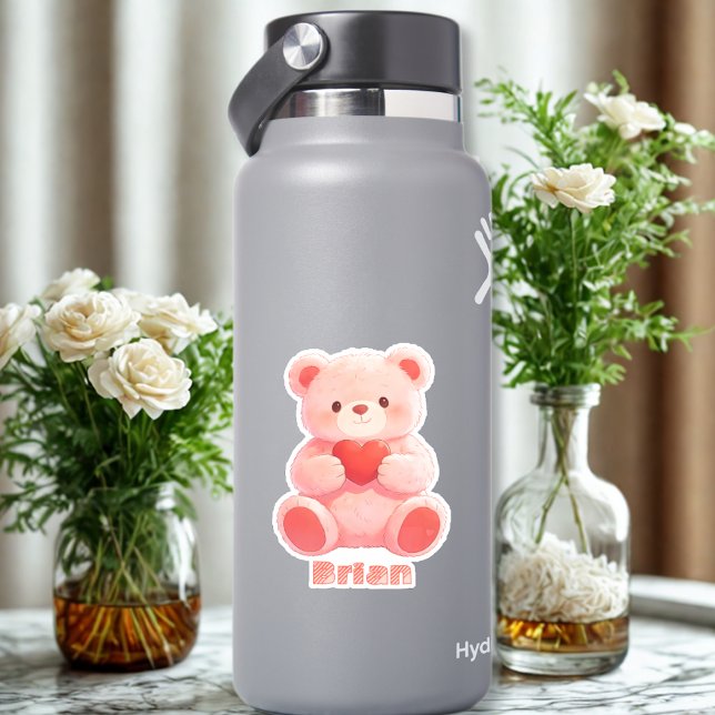 Sticker Custom Name Watercolor Pink Teddy Bear Heart (Créateur téléchargé)